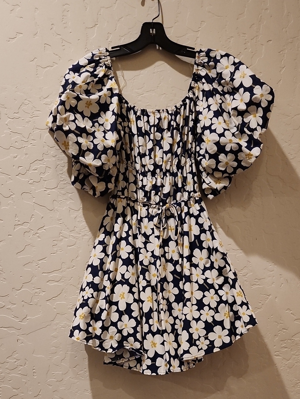 Navy Floral Puff-Sleeve Tunic with Smocked Bodice